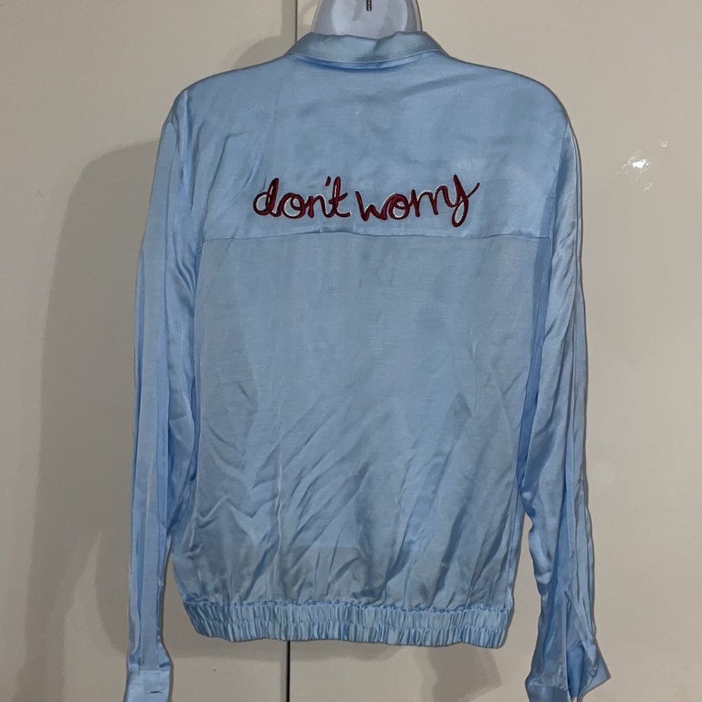 NWOT Don’t Worry satin blue silky long sleeve blouse